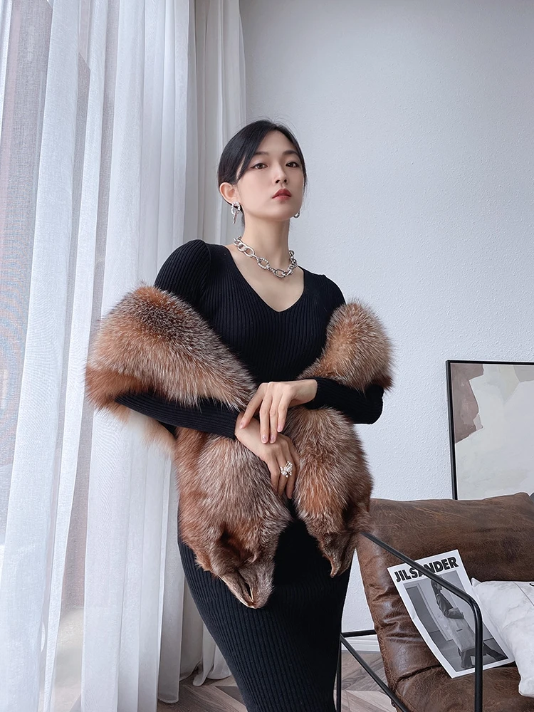 New Real Fox Fur Dress Wedding Shawls Thicken Warm Long Winter Fox Big Collar Scarf Ponchos Cheongsam Elegant Capes