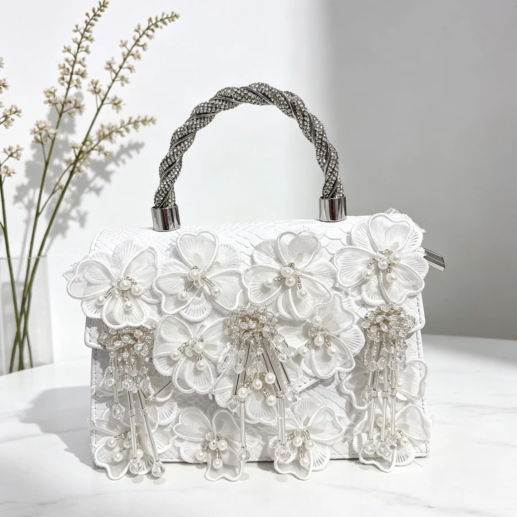 Handmade Pearl Crystal Lace Evening Bag Sweet Bead Fairy Tassel Flower Small Square Crossbody Handbag for Youth Casual Purse view 5
