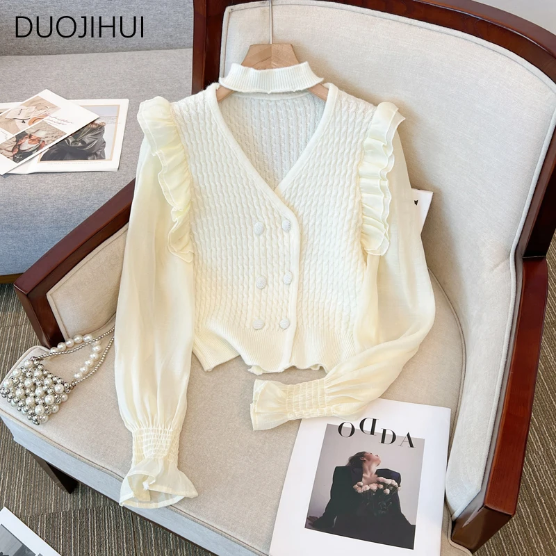 

DUOJIHUI Sweet V-neck Chicly Halter Knit Sweater Women Cardigan French Simple Double Breasted Fashion Pure Color Female Cardigan