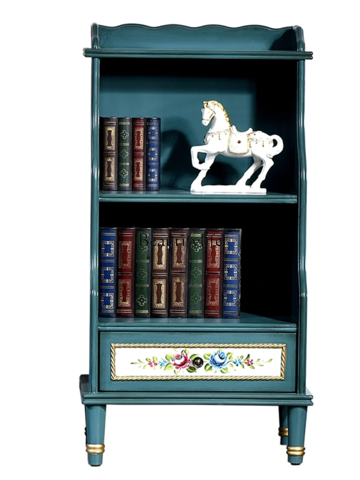 

American Country Solid Wood Small Bookcase Hand-Painted Retro Distressed Mobile Storage Low Side Cabinet