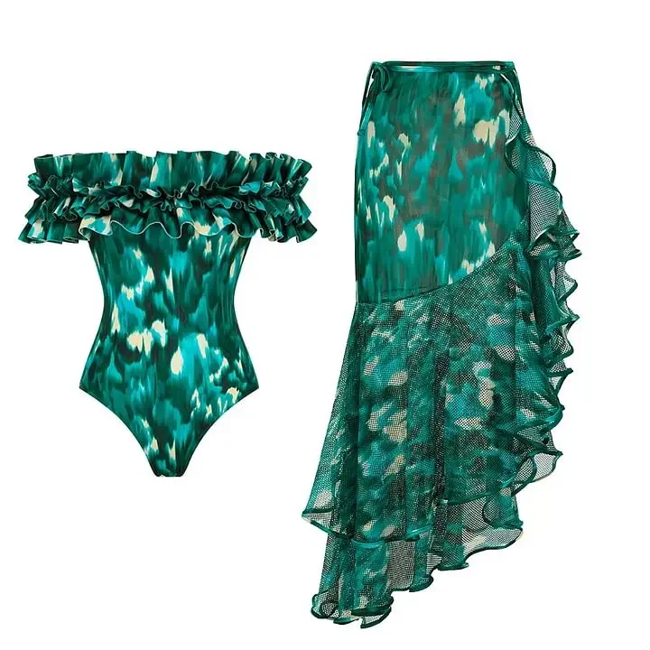 FLAXMAKER Bandeau Ruffled Green Blooming Print One Piece Swimsuit and Mesh Splicing Sarong Women Beachwear Luxury Bathing Suit