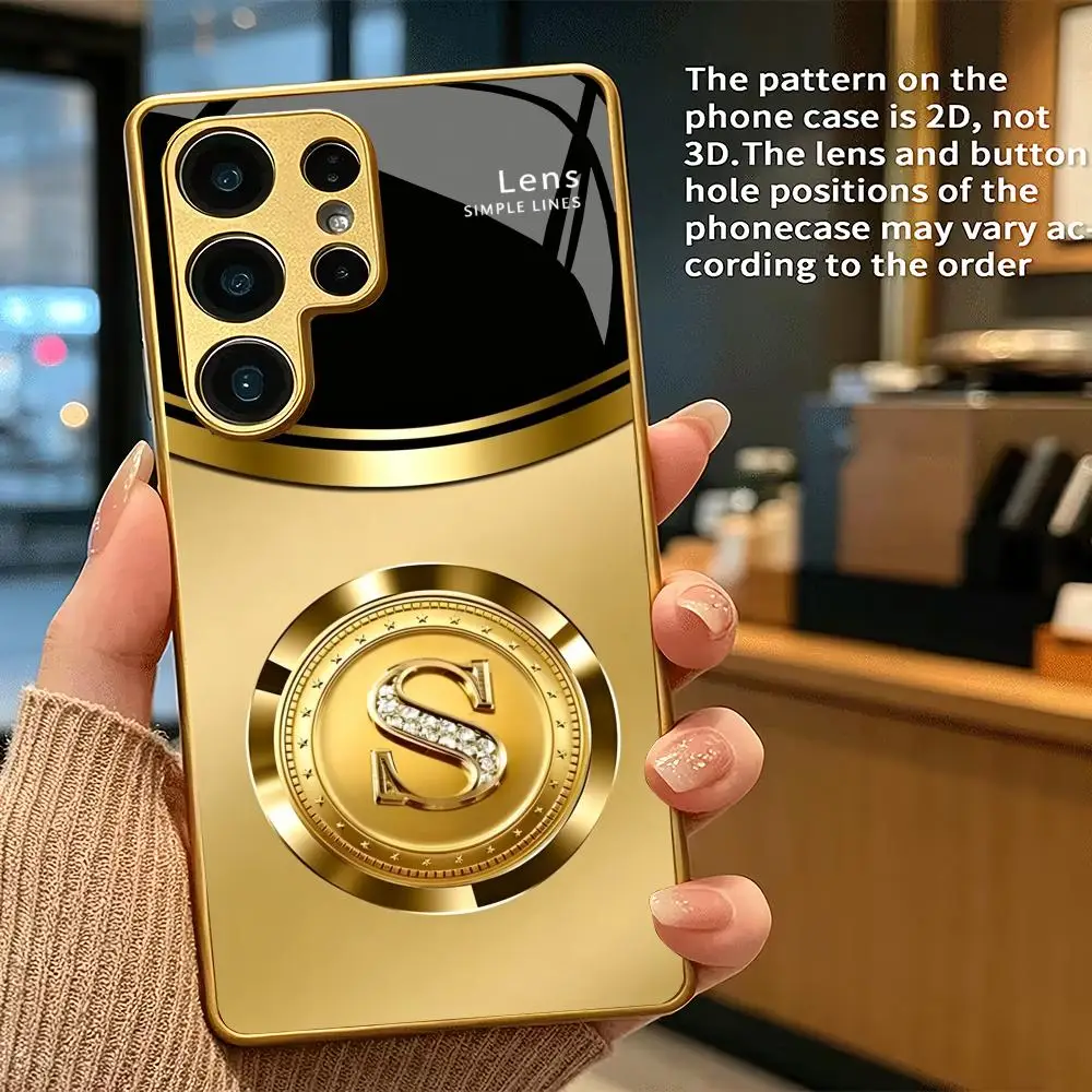 S letter electroplated glass phone case suitable for Samsung Galaxy S26 S25 S24 S23 S22 S20 FE/Ultra/Plus anti drop back cover