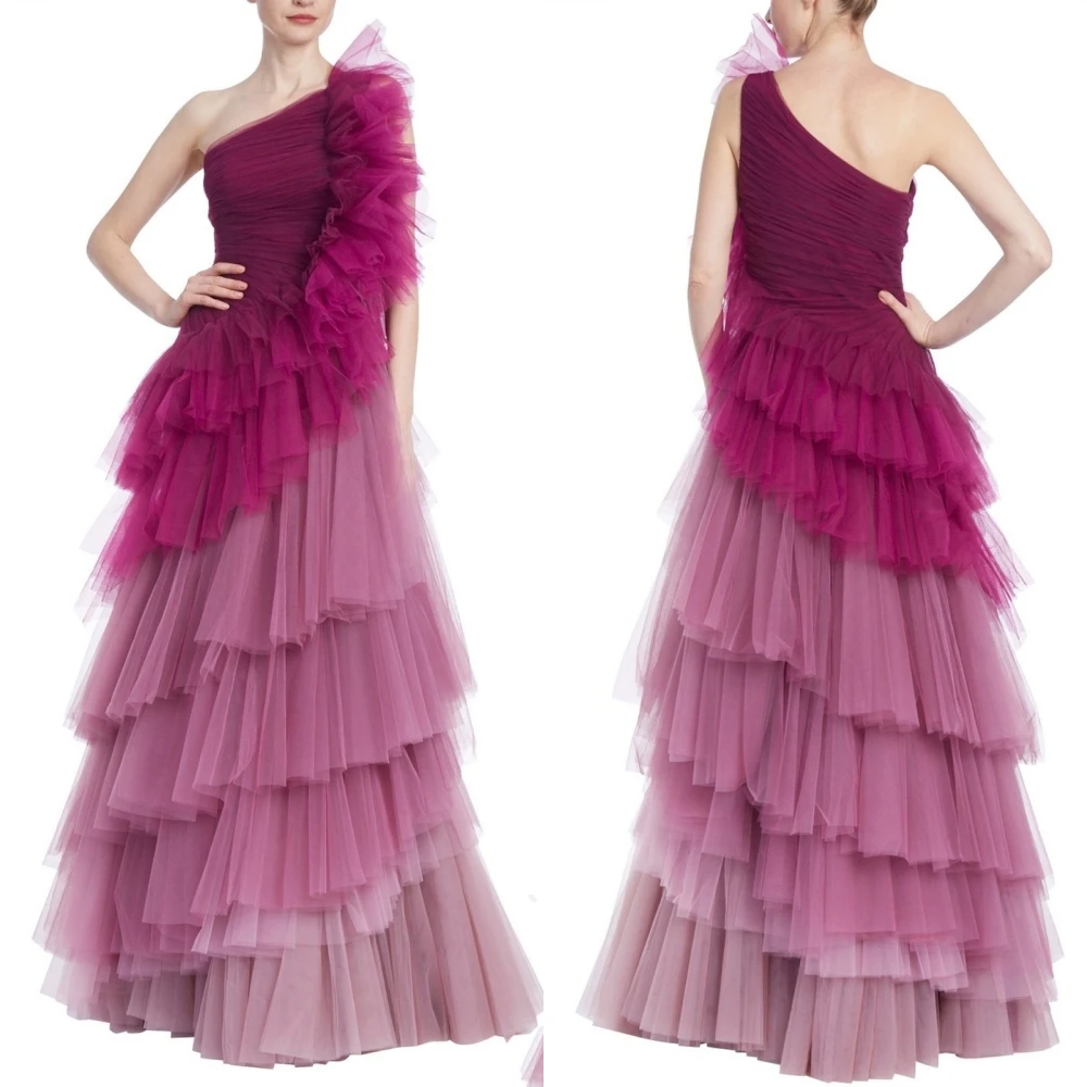 Customized Tulle Draped Tiered Christmas Ball Gown One-shoulder Bespoke Occasion  Long Dresses