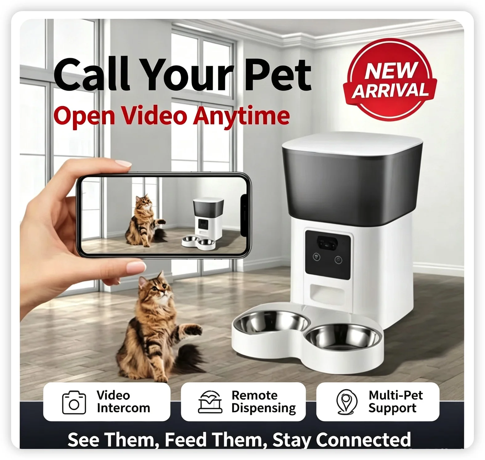 Smart Pet Feeder with 1080P Camera 5.5L Auto Cat Food Dispenser APP Remote Control Timed Quantitative Feeding for Cats&SmallDogs