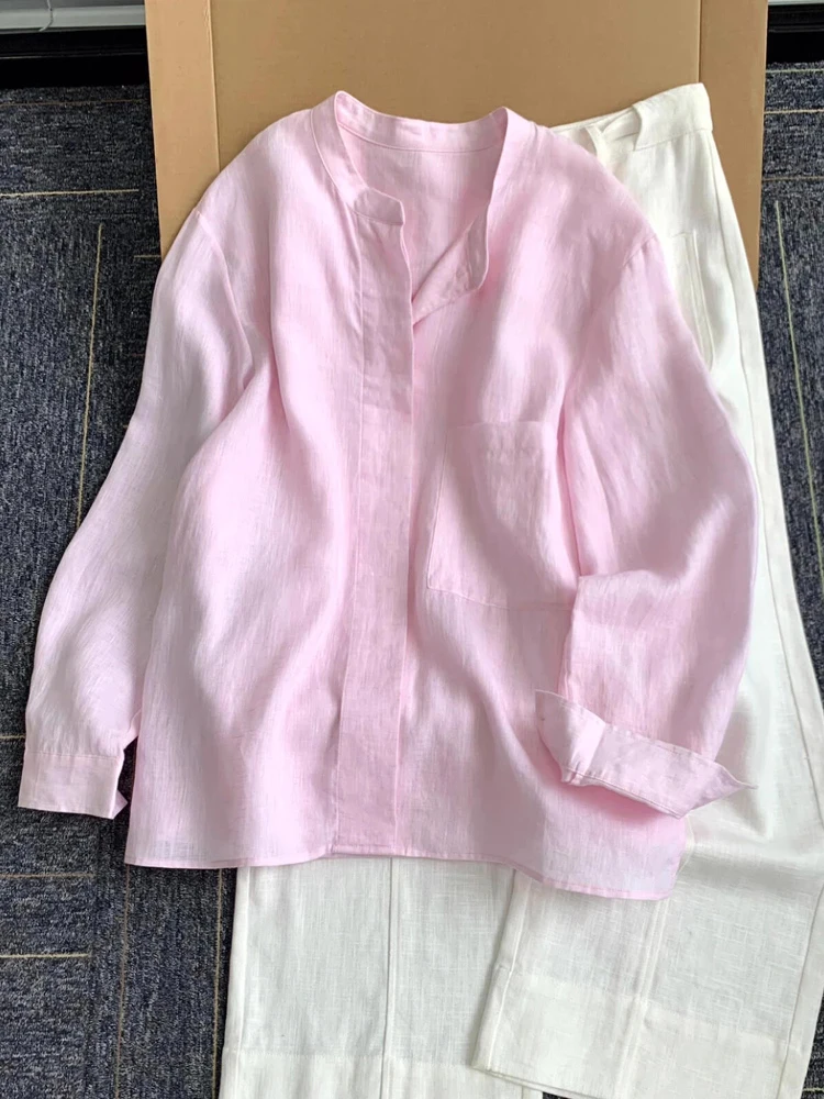 

Легкая женская рубашка-жакет из льна и шелка, розовая, летняя, уникальная, красивая, хлопково-льняная, с защитой от солнца, в корейском стиле, свободного кроя