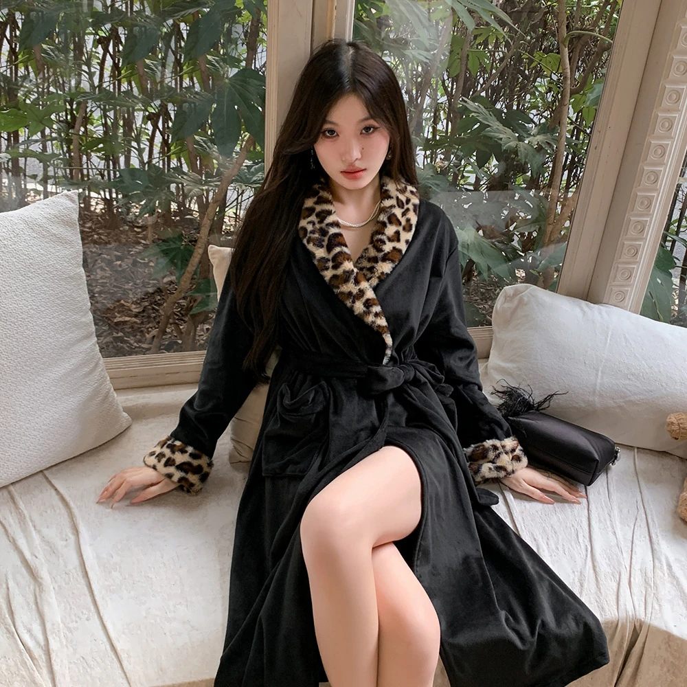 

Sexy Leopard Long Robe Women Home Dress Autumn Winter Island Velvet Warm Sleepwear Kimono Bathrobe Gown Loose Casual Lounge Wear