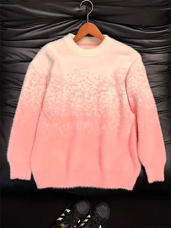 

Pink adient Dyed Mink Knitwear Men's Winter Lazy Sle Thiened Fluffy Base irt Loose Fit round Ne Pullover Knitted Sw...