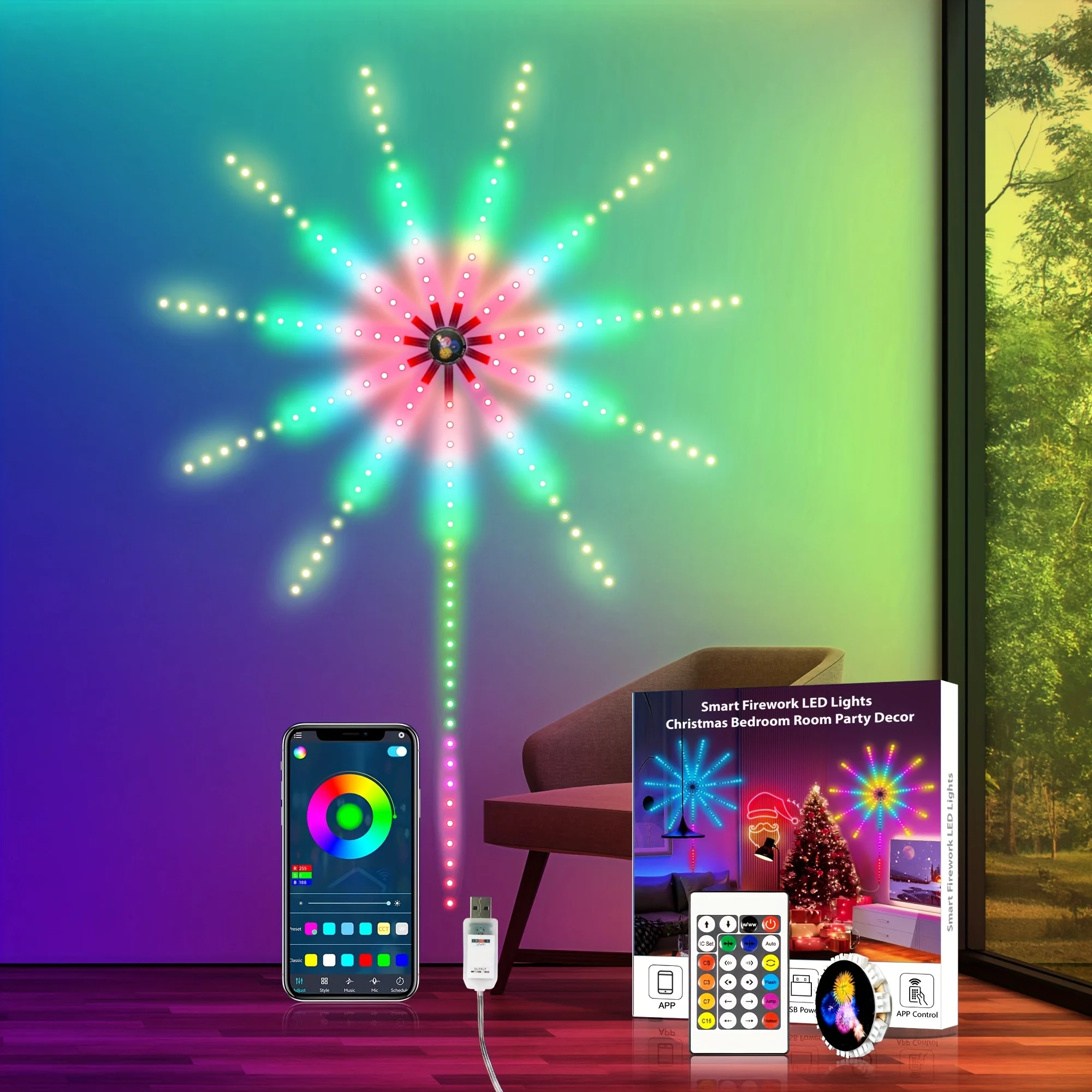 APP Smart Control IC LED RGB Firework Light 10pc*50cm+1pc 1m USB Power Music Synch 180 LED Light For Wall Christmas Decoration