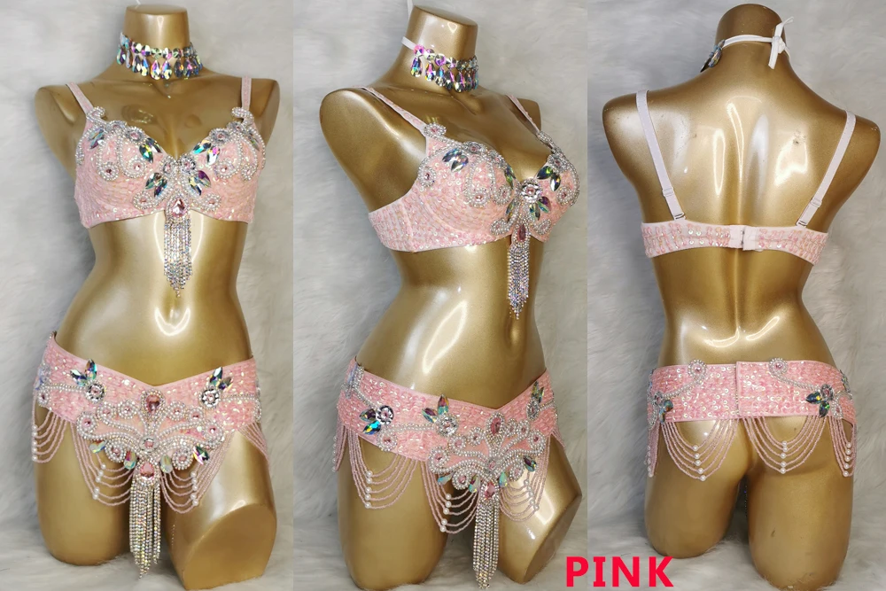 Feminino frisado usar sutiã cinto 2pc define trajes de dança do ventre senhoras trajes de dança do ventre carnaval roupas de dança do ventre