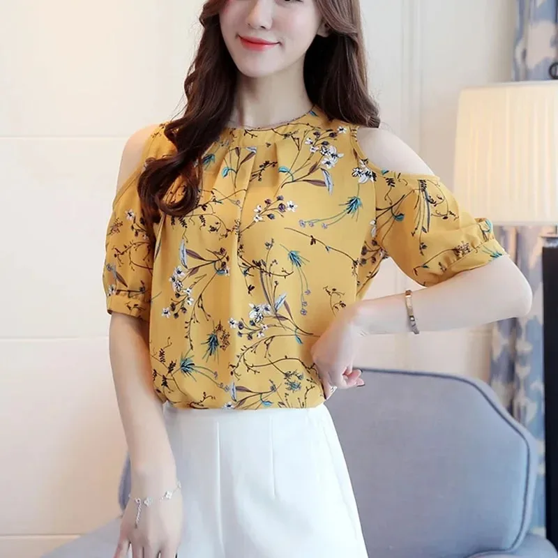 Women\'s Chiffon Print Floral Shirt, Elegant Summer Tops, Off The Shoulder Blouses, Short Sleeve Female Clothing, New, 825C 30