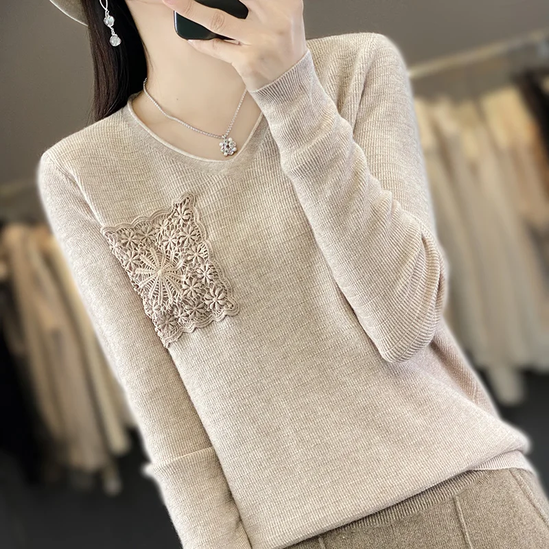 2023 New Hooked flower pocket Cashmere sweater women V-Neck Long sleeved cashmere sweater women casual knitted  women