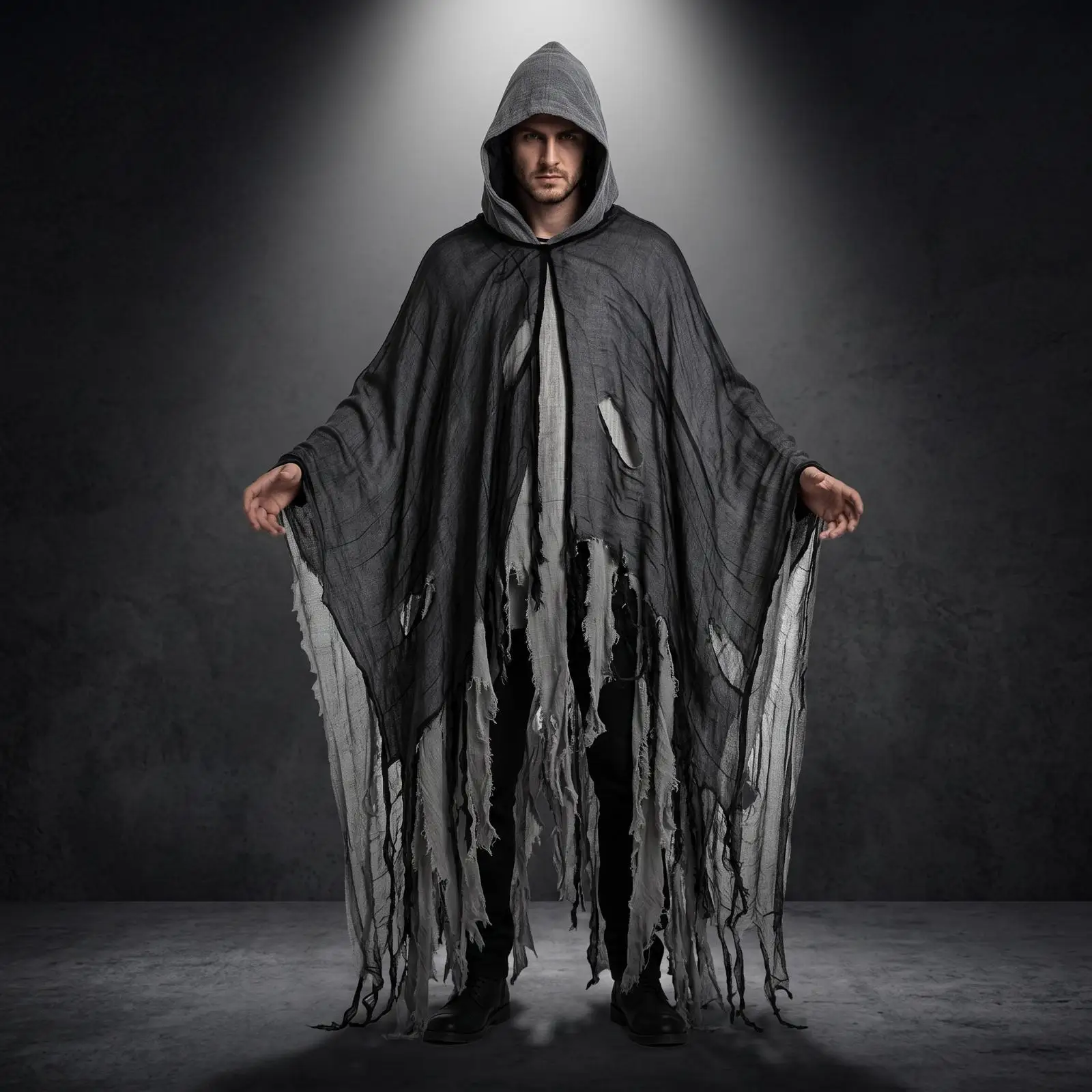 Hooded Shredded Cape for Halloween Death Costume Gothic Cloak Black Mesh Frayed Hem Draping Unisex Cosplay Outerwear