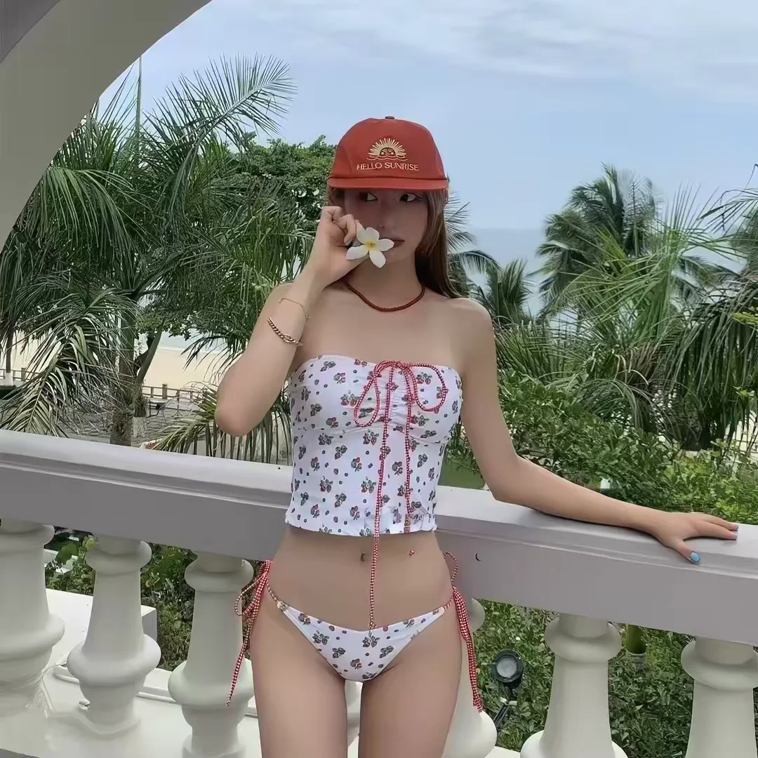 Floral Bikini Sexy Spicy Girl Vacation Women's Ins Korean Style Slimming Small Chest Hot Spring Triangular Swimsuit Nylon