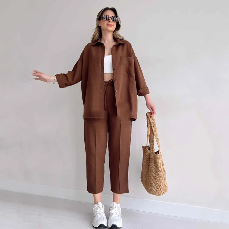 Two Piece Sets Autumn Comfort Sport Clothes Causal Loose Long Sleeve Shirt Top Elastic Waist Drawstring Tied Harlan Pants Set