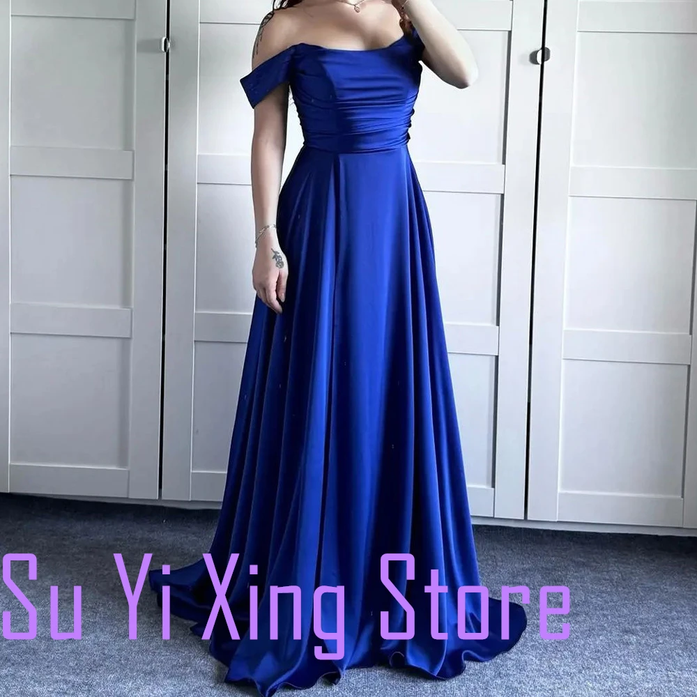 Satin Zipper Back Sleeveless Off the Shoulder Boat Neck A-Line Front Slit Sweep Train Floor Length Temperament Evening Dress