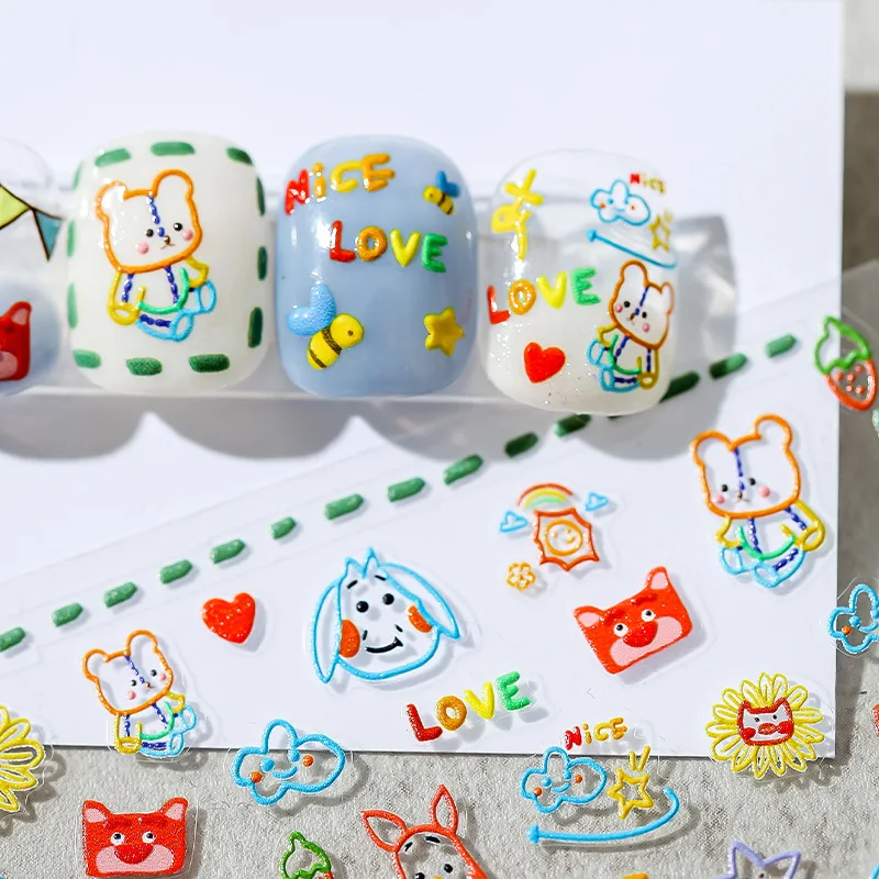 5D Lovely Cake Bear Rabbit Cartoon Soft Reliefs Self Adhesive Nail Art Decoration Stickers 3D Nail Decals Wholesale Dropshipping