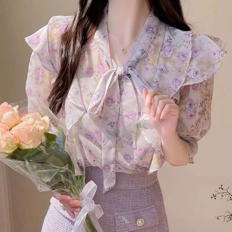 Floral Bowknot Chiffon Women's Short Sleeve Summer Ruffle Hem Printed Blouse