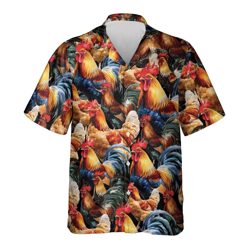 Kemeja Hawaii pria, pakaian ayam jantan tekstur warna-warni kerah lengan pendek mode Streetwear 3D dicetak kasual