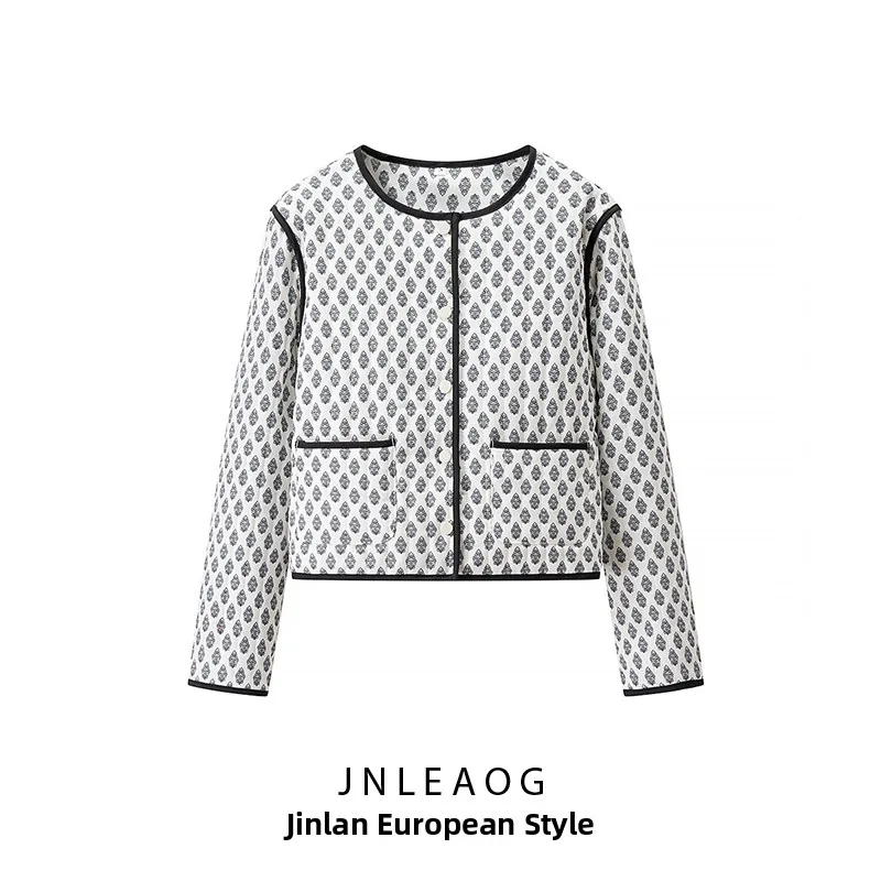 

Faionable Print Cotton Jaet round Ne Long Sve Women's Autumn New Sle Commute Straight Cut Single Button Closure