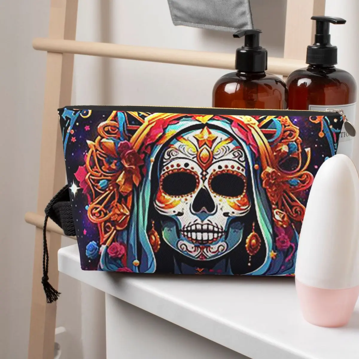 

Santa Muerte Spanish Women Cosmetic Bags Travel Makeup Organizer Pouch Toiletry Storage Dopp Kit Case