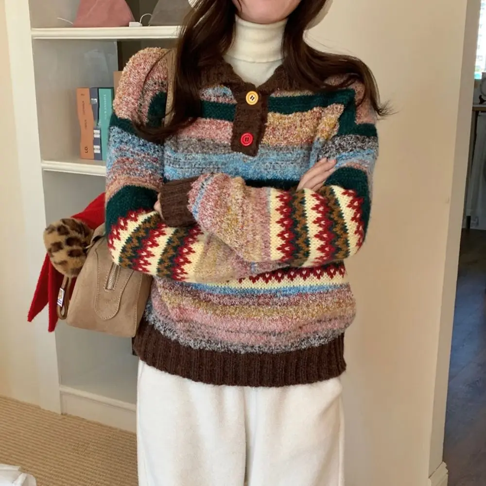 

Leisure Long Sleeve Knit Sweater Women Loose Soft Colorfult Crochet Knitwear Retro Sweet Winter Autumn Knitted Top Gift