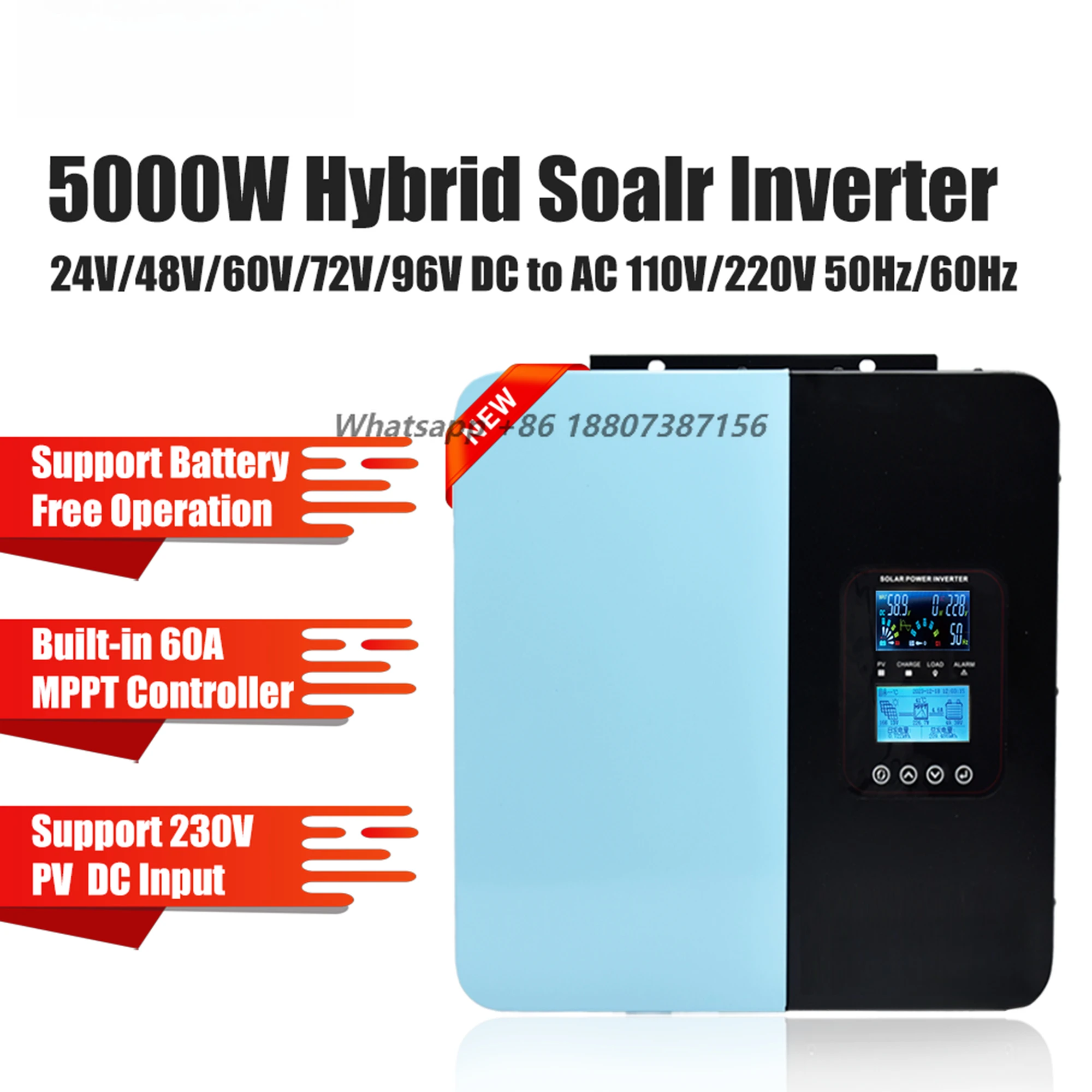 MYAMI 5000W 3000W Pure Sine Wave Hybrid Solar Inverter 24V 48V 60V 72V 96V DC to AC 220V Single Phase Inverter with 60A