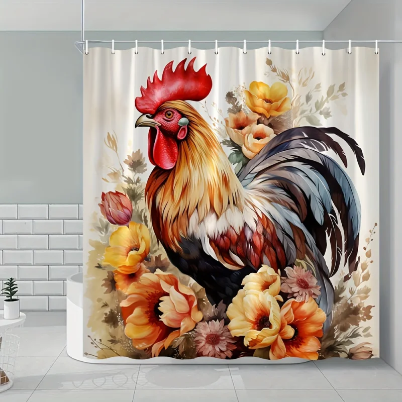 Charming Rooster & Floral Watercolor Shower Curtain - Durable Polyester, Machine Washable with Hooks Included, Perfect for Home,