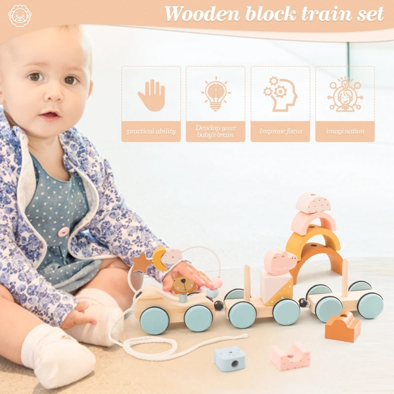 Jouets Montessori en bois pour bébés, train de nuit d'animaux, jouet empilable, pousser et côtes, chariot d'équilibre manuel, cadeaux