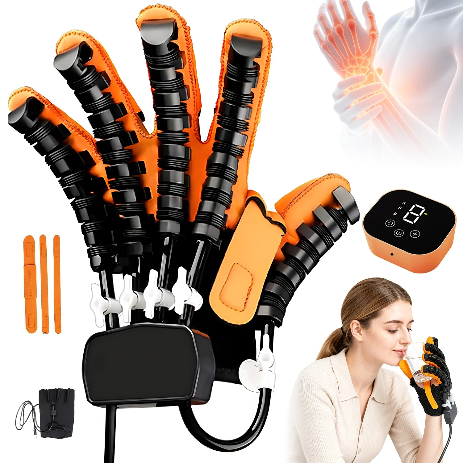 Gants de rééducation pour les mains, équipement robotique de rééducation des mains et des doigts, entraîneur de force des doigts pour hémiplégiques, force réglable (main gauche - XL).