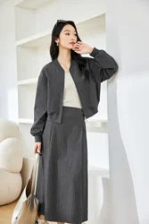 VIMLY Women's Fashion Elegant Jackets Skirts Sets Autumn Slim Baseball Top+Casual Skirts Outfits Commuter Office Lady Sets M8197