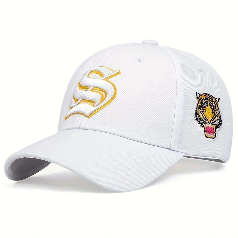 Unisex Baseballkappen mit S-Buchstaben und seitlicher Tiger-Stickerei, verstellbar, für Frühling und Herbst, lässiger Sonnenschutzhut – Detail 9