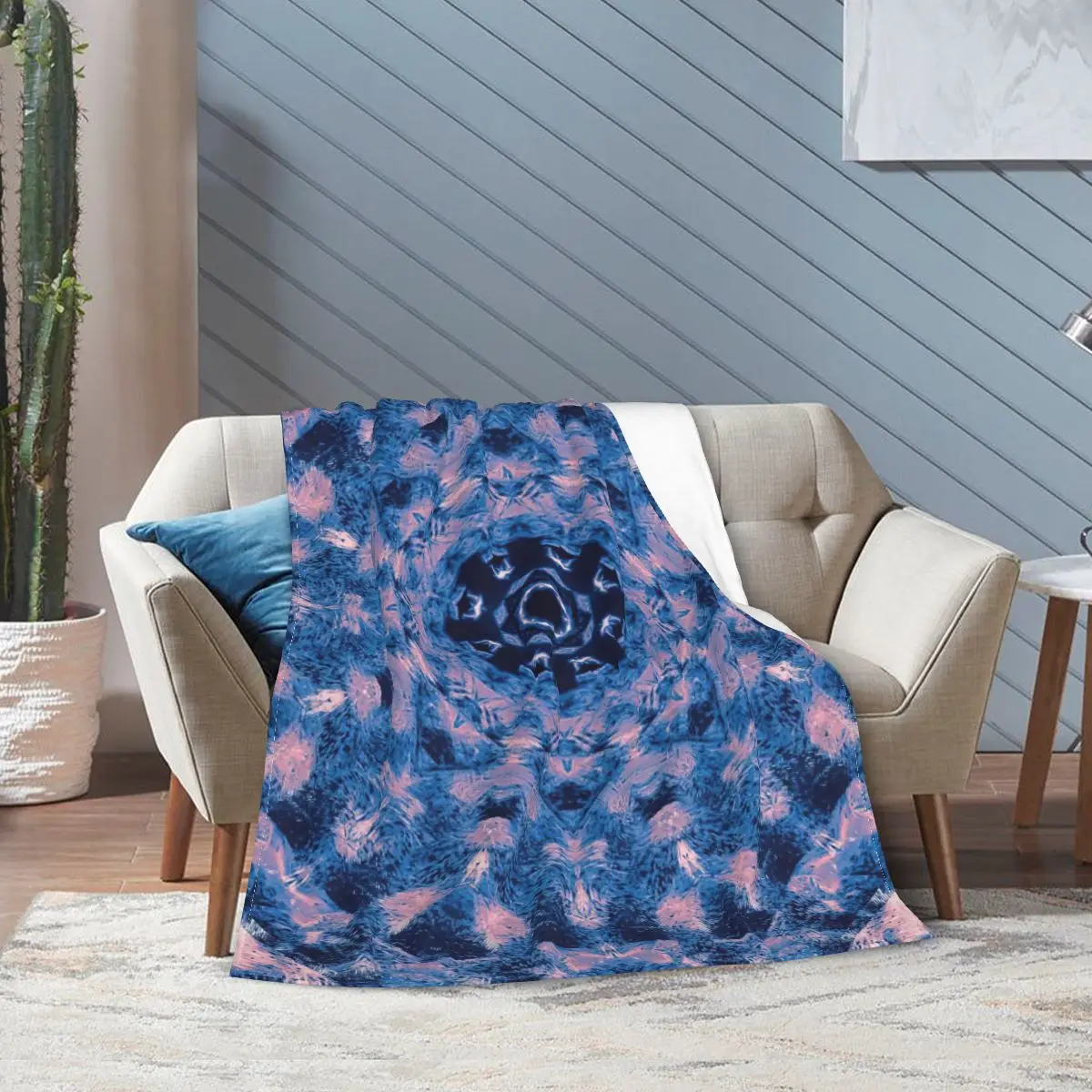 Gothic Pink And Blue Stained Glass Mandala And Cross Mosaic Bed Blanket Flannel Blanket Flannel Blanket Air conditioning blanket