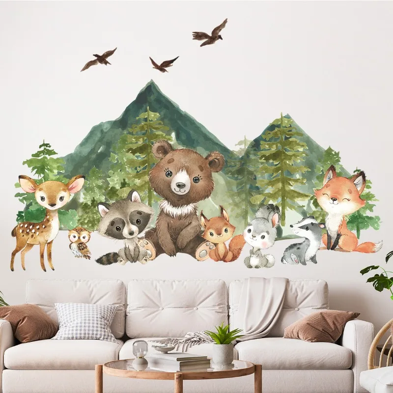 Cartoon Cute Bear Deer Fox Smiling Face Tree Animal Wall Stickers for Bedroom Living Room Gift Nursery Decoration Wall Decals
