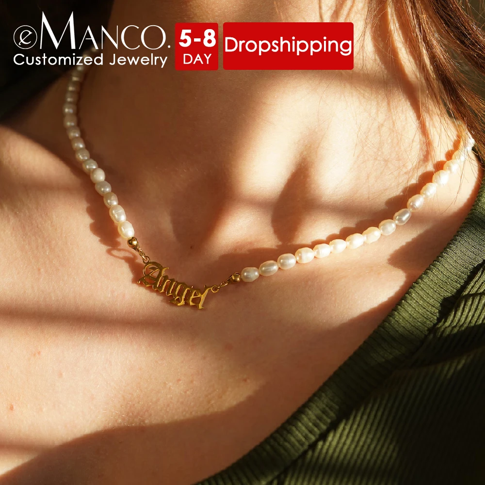 eManco Stainless Steel Customized English Name Necklace Women's Freshwater Pearls Diy Letter Collarbone Chain Factory Direct