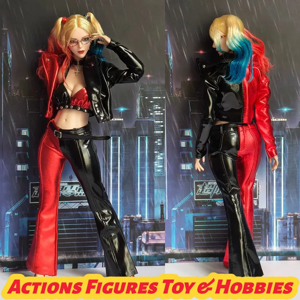 

1/6 Scale Joker Girl Leather Clothes Set Clown Color Blocking Jacket Bra Pants Sets for 12in Action Figure Body Model Toys