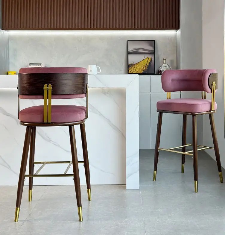 

#Modern Light Luxury Adjustable Commercial Bar Stool High Back Velvet Carbon Steel Gold Frame Dining Hotel Office