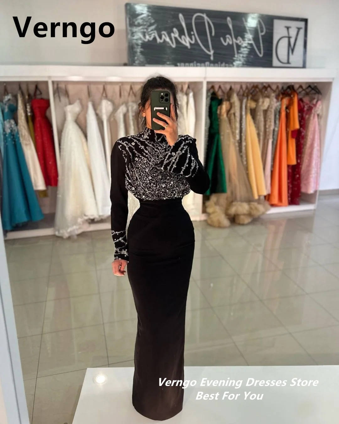 Verngo Sequined Applique Party Dresses Formal Dress High Neck Long Sleeves Dresses For Special Event Saudi Arabic Prom Gowns