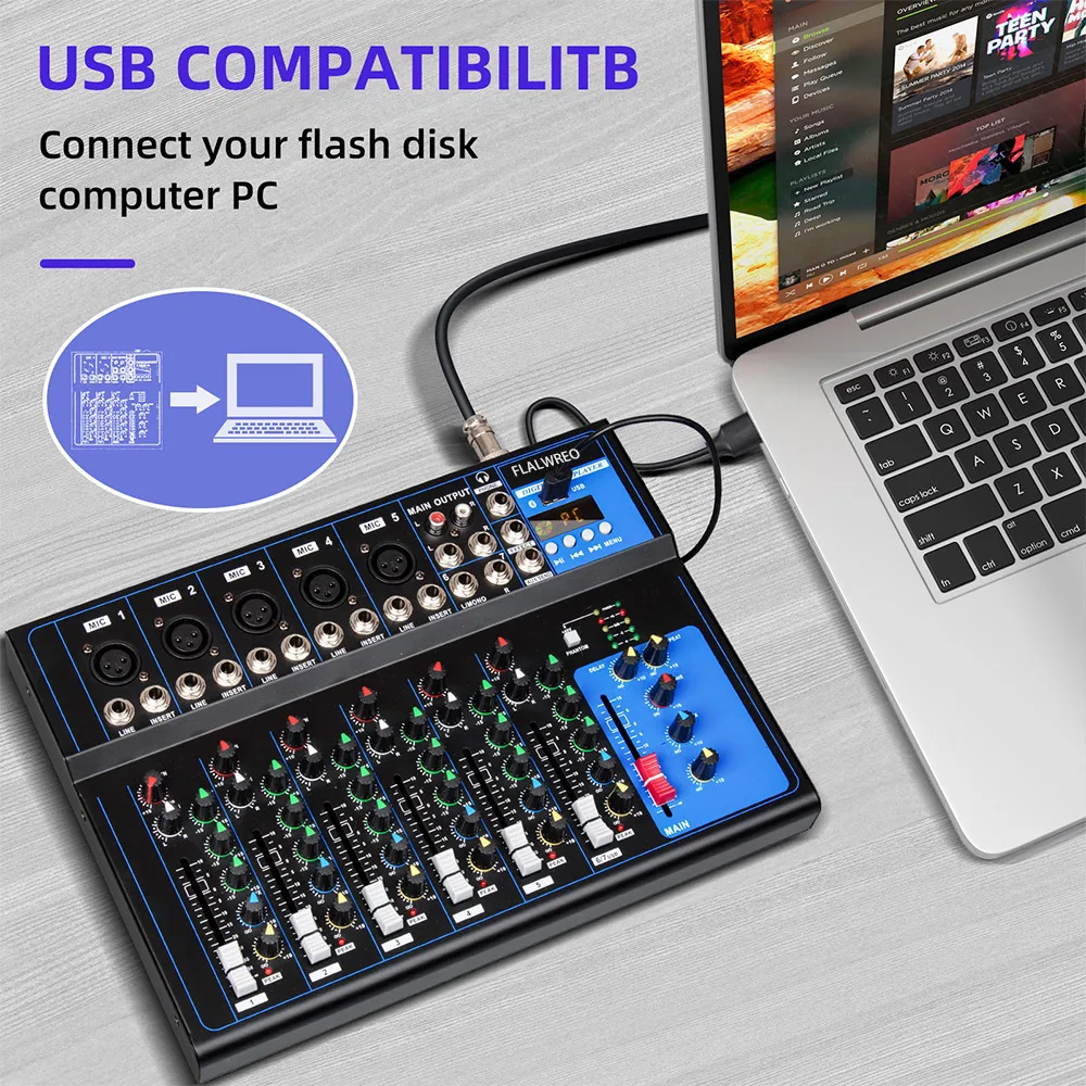 FLALWREO Sound Mixer Professional Portable Digital DJ Console 4/7 Channel with USB For Studio Record