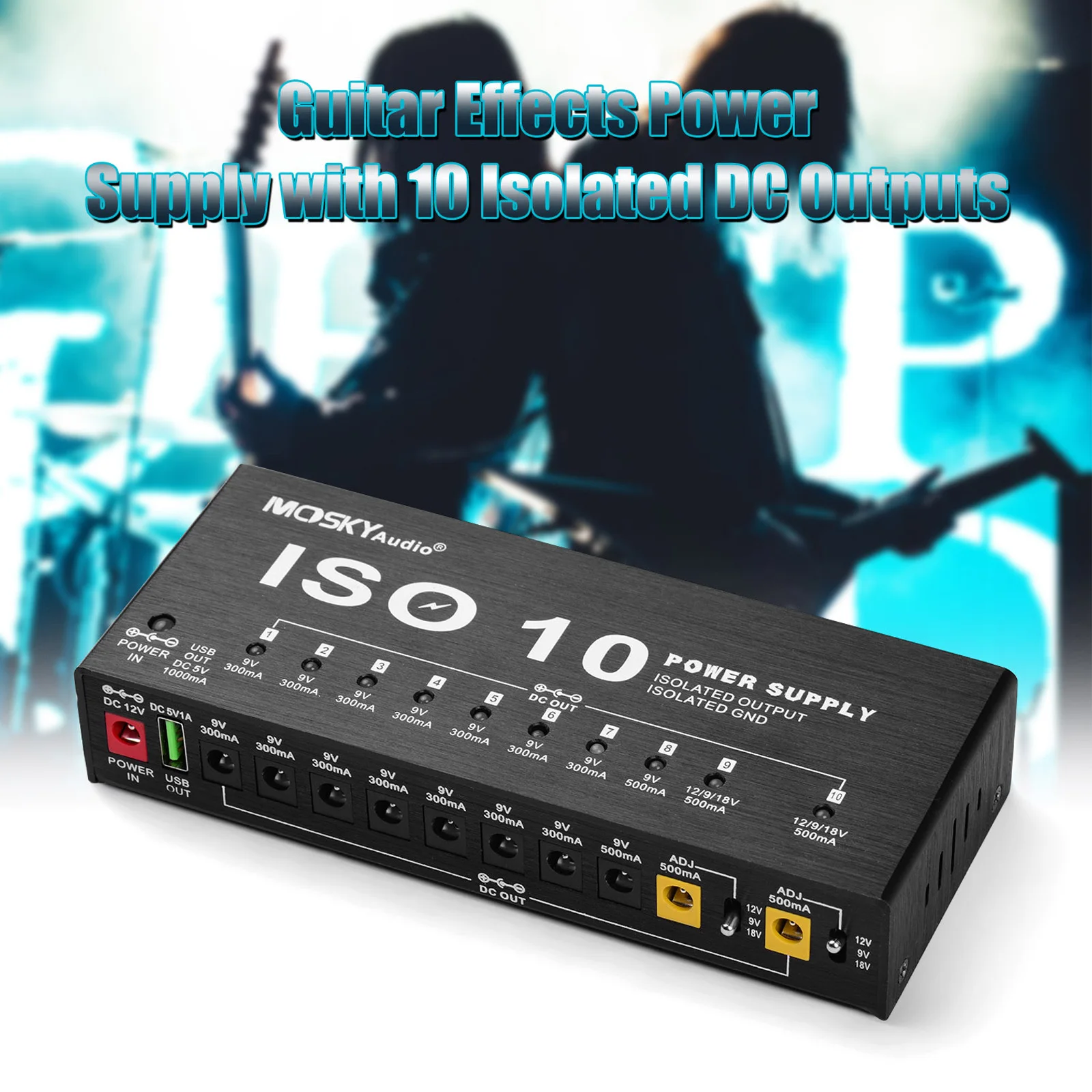 

MOSKYAudio ISO-10 Portable Guitar Effect Power Supply Station 10 Isolated DC Outputs & One 5V USB Output for 9V 12V 18V Guitar E