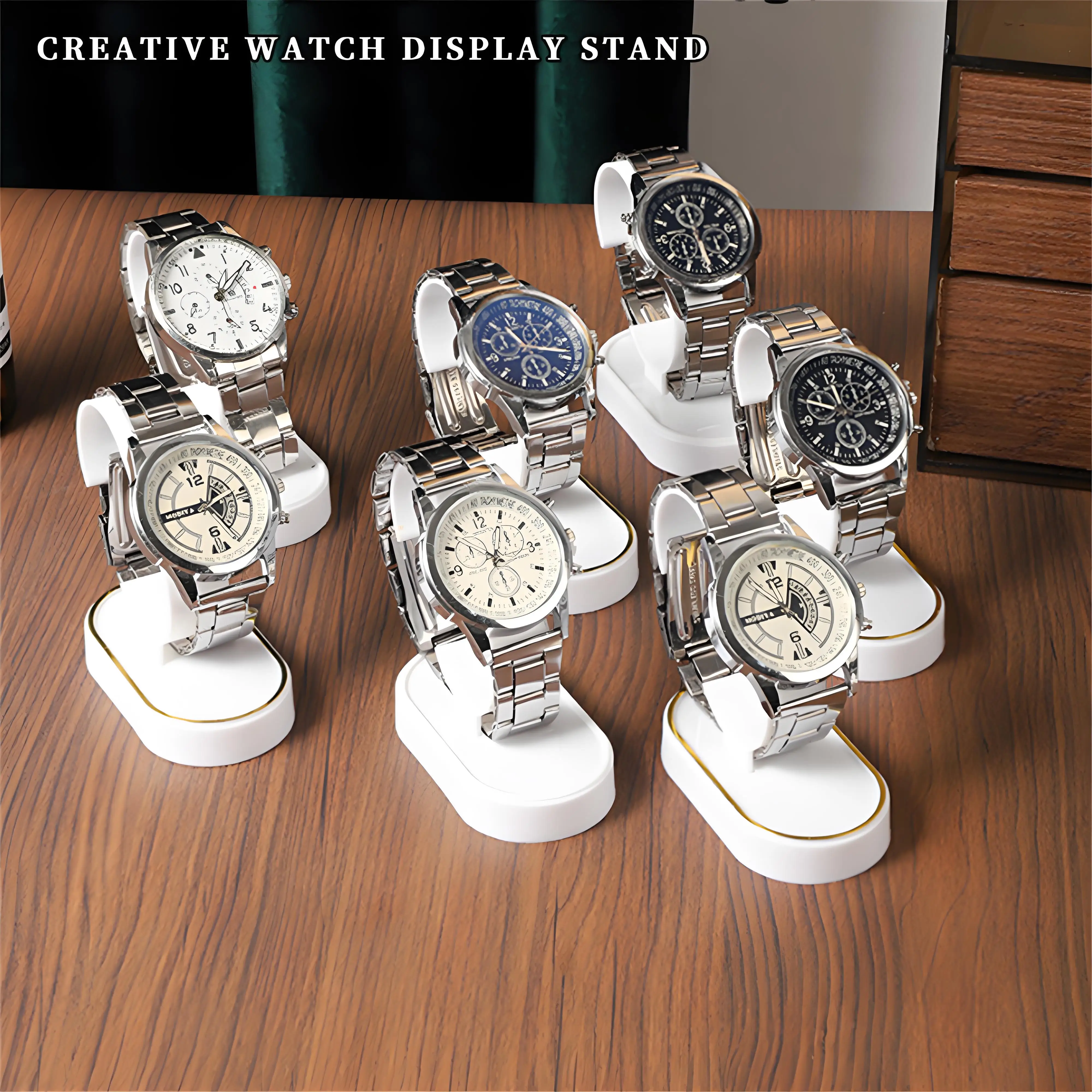 

White Plastic Watch Display Stand Gold Trim Single Tier Wrist Watch Holder Stable Watch Display Rack For Counter Showcase