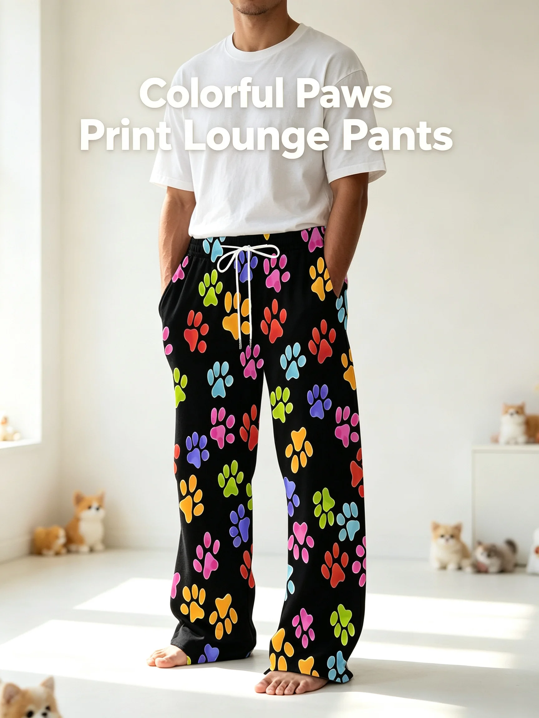 Men Colorful Dog Paw Print Wide Leg Pants Drawstring Elastic Waist Loose Casual Long Trousers Beach Vacation Lounge Wear