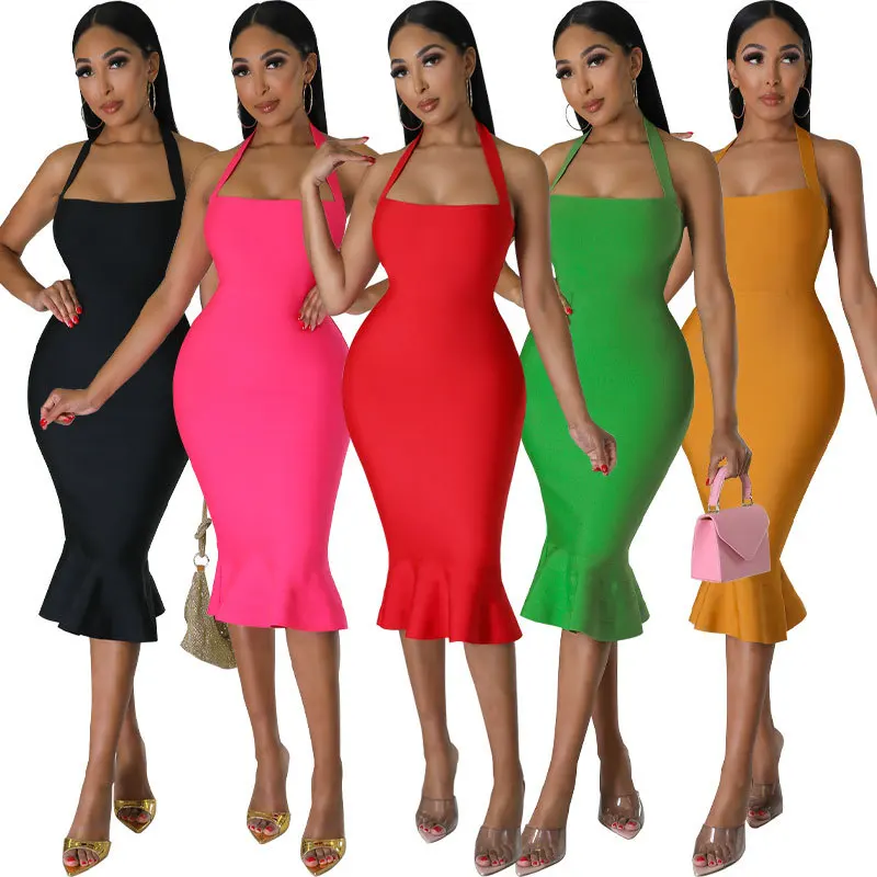 Sexy Solid Ruffles Hem Bodycon Knee Length Dress for Women French Halter Sleeveless Skinny Long Vestidos Club Party Elegant Gown