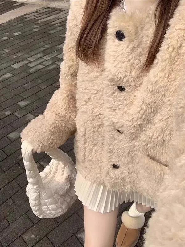 Jaet de piel de cordero caqui para mujer, abrigo informal holgado de invierno, versátil, coreano, novedad de 2025