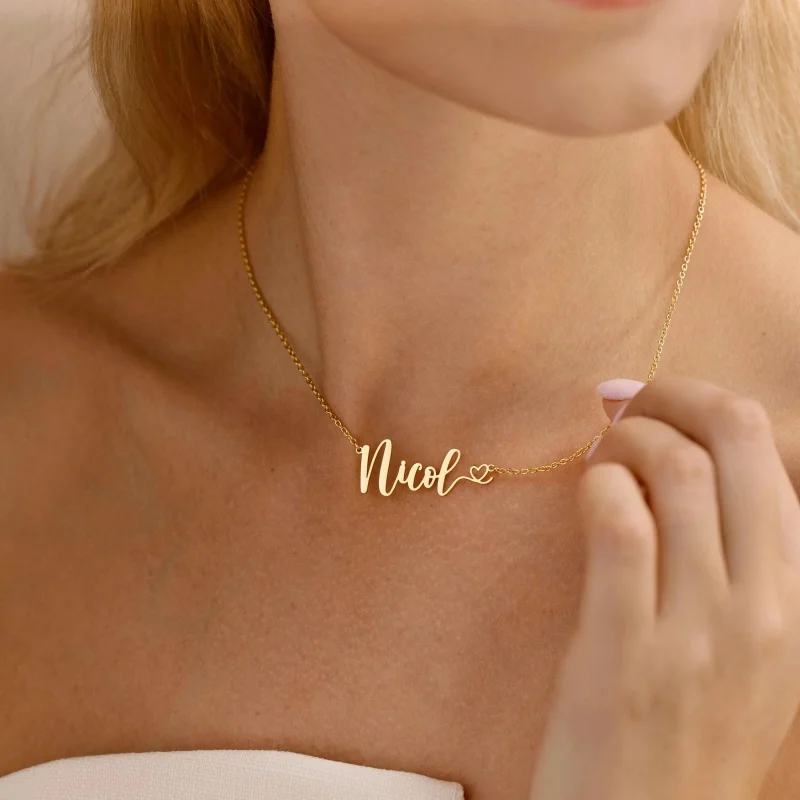 Custom Name Necklace for Women,Stainless Steel Dainty Cursive Script Name Pendant With Tiny Heart Personalized Nameplate Jewelry