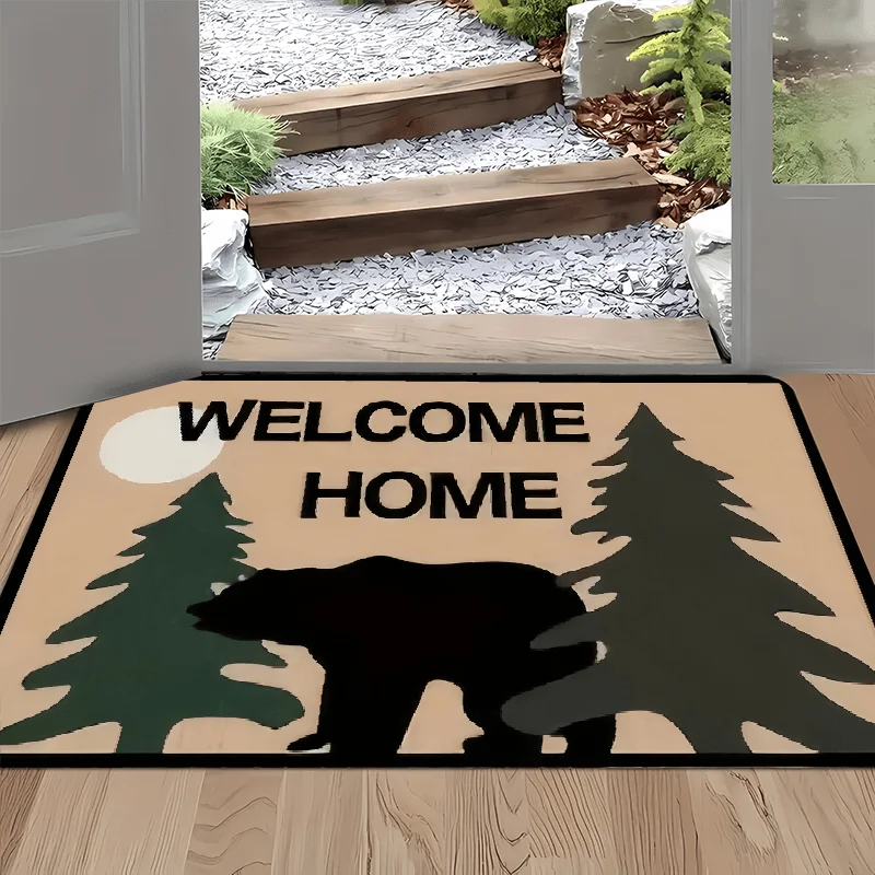 Rustic Welcome Home Non Slip Doormat Forest Pine Tree Bear Silhouette Art for Household Front Porch Indoor Entryway Decor