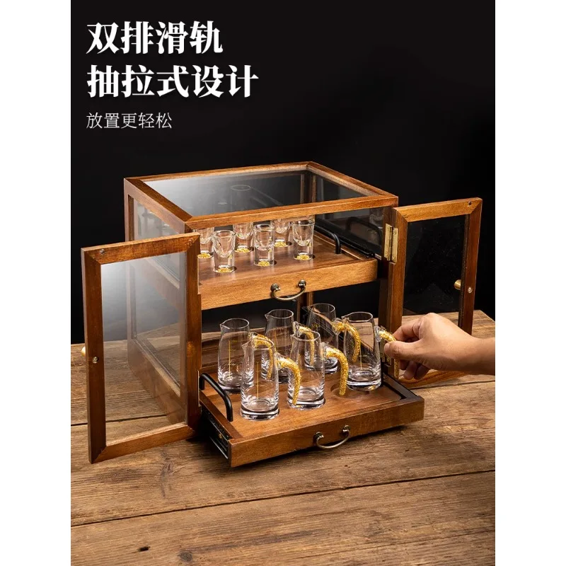 

Household high-grade gold foil Baijiu cup set wine dispenser solid wood double glass storage wooden box wine cabinet one cup