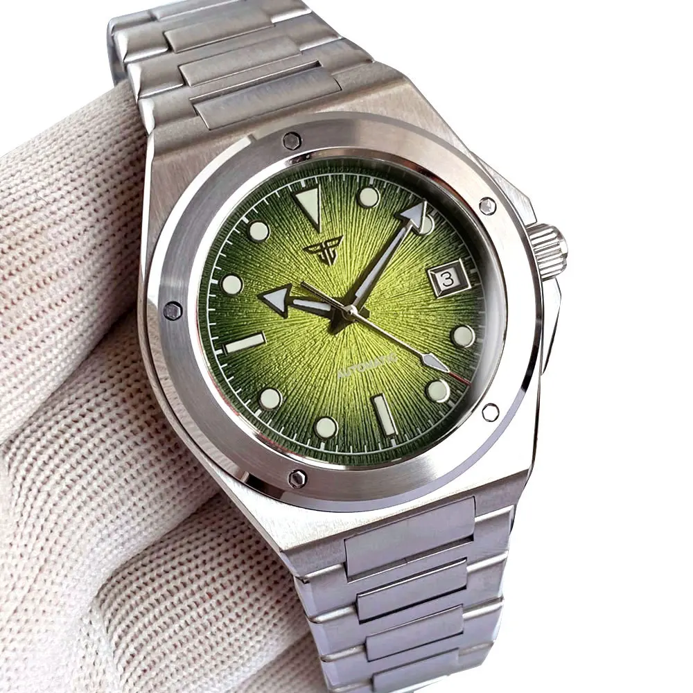 Tandorio Mechanical Watch Green Gradient Face Sapphire Crystal Glass Asia 2824 Automatic Movement Luminous Marks 100m Waterproof