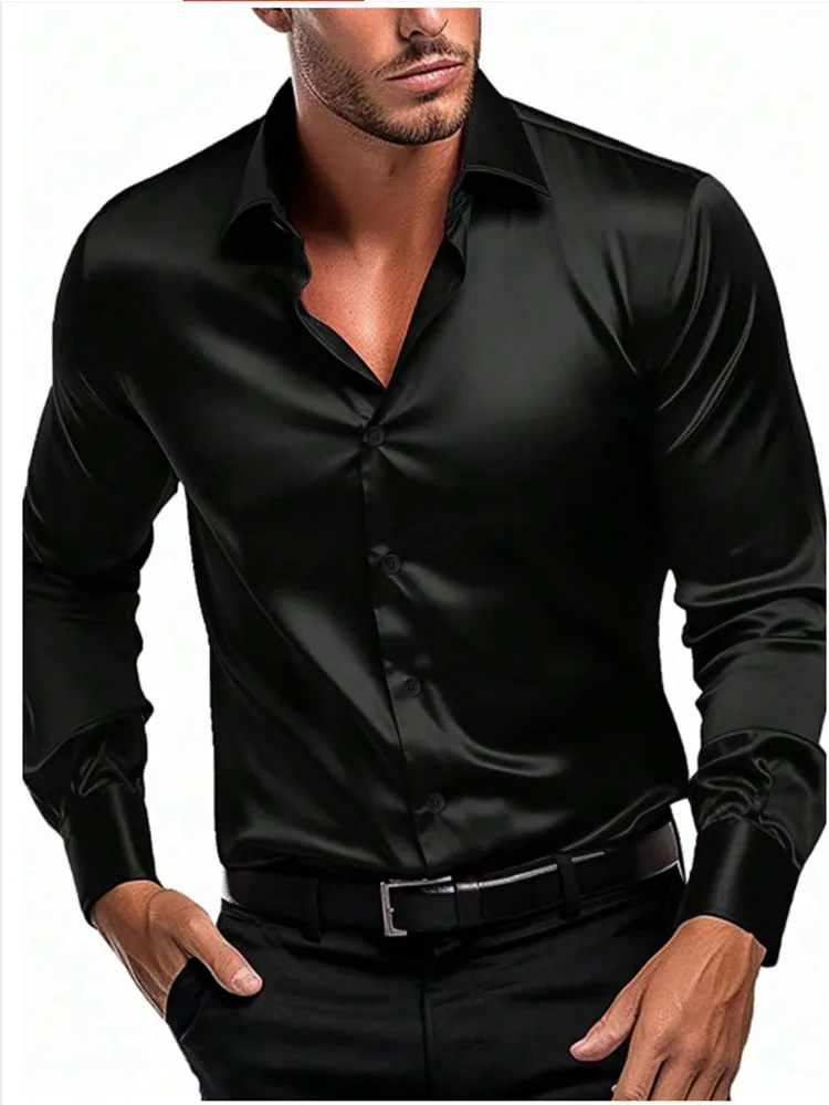 

Casual men's satin silk dress shirt Long sleeve Society single breasted lapel shirt Wedding party men's clothes