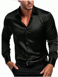 Camicia Casual da uomo in raso di seta a maniche lunghe società monopetto camicia con risvolto abiti da uomo per feste di matrimonio