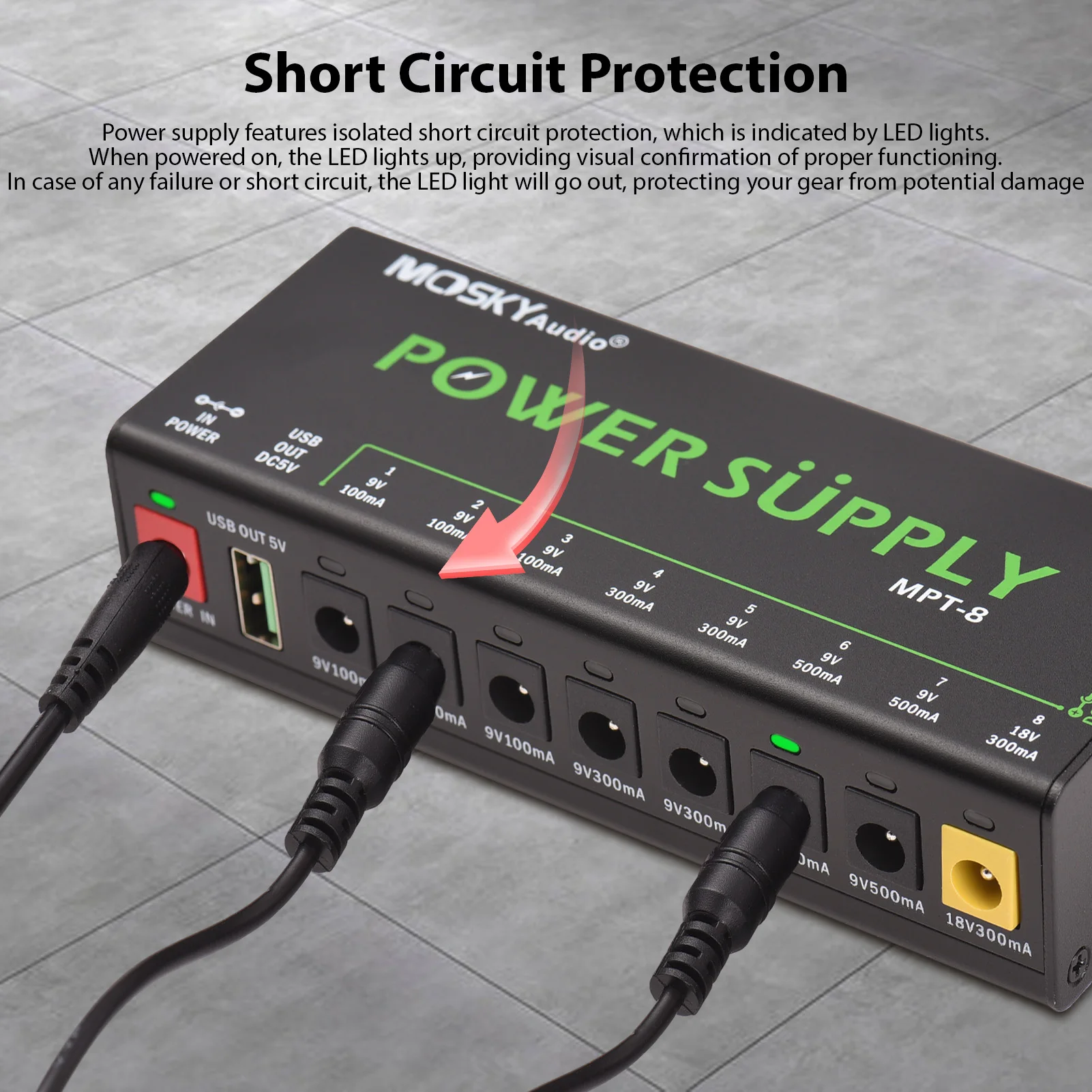 MOSKYAUDIO 8-Channel Guitar Pedal Power Supply with Independent Short Circuit Protection LED Power Indicator Pedal Board Power